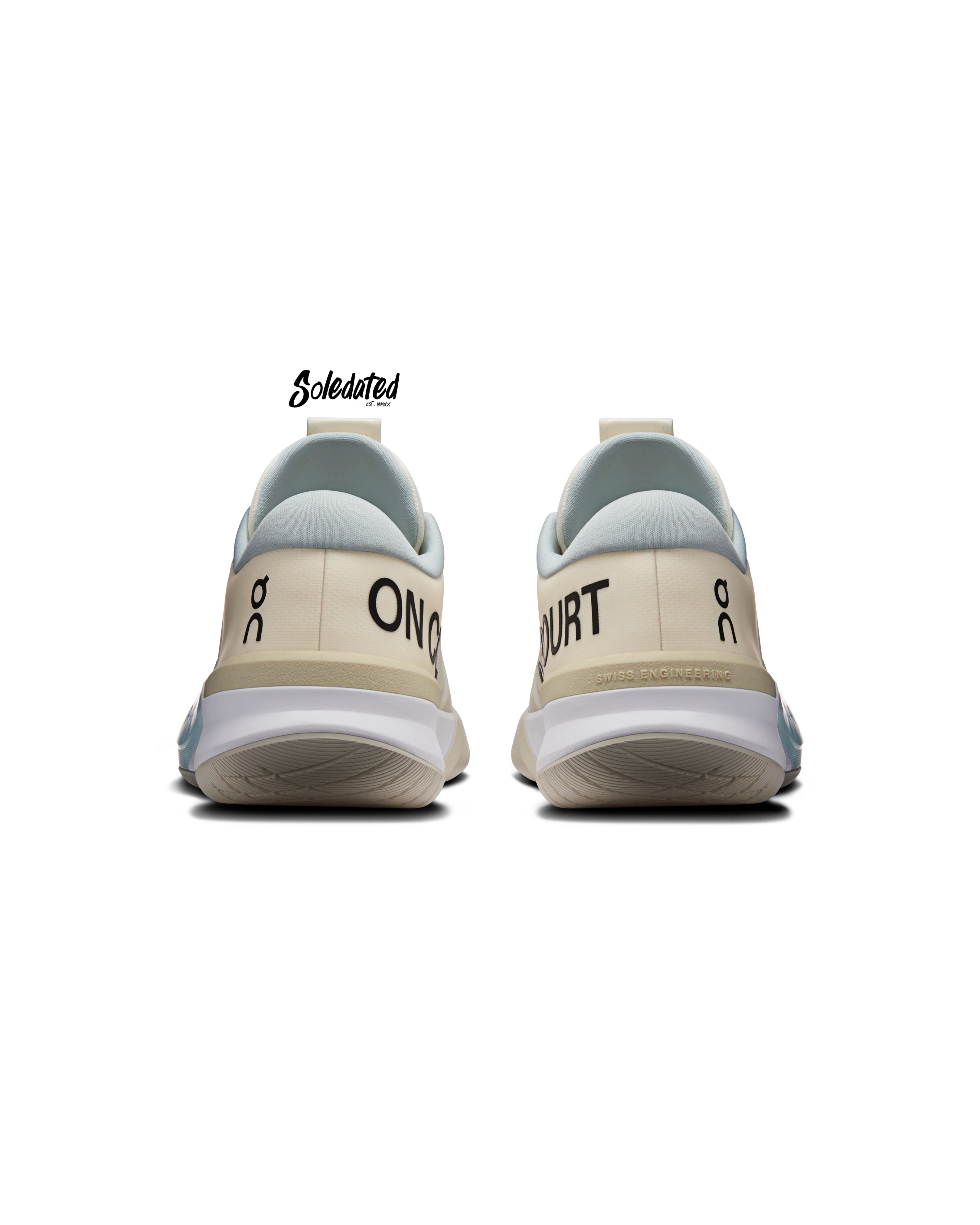 Rear view of On THE ROGER Pro 3 Ivory Wash tennis shoes showing padded heel support