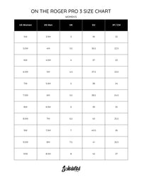 On THE ROGER Pro 3 Ivory Wash women’s size chart with US, UK, EU and JP CM conversions