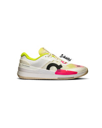 On THE ROGER Pro 2 White Lime tennis shoe lateral side view with pink and lime accents