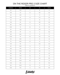 On THE ROGER Pro 2 men's and women's size chart with US, UK, EU and JP CM conversions