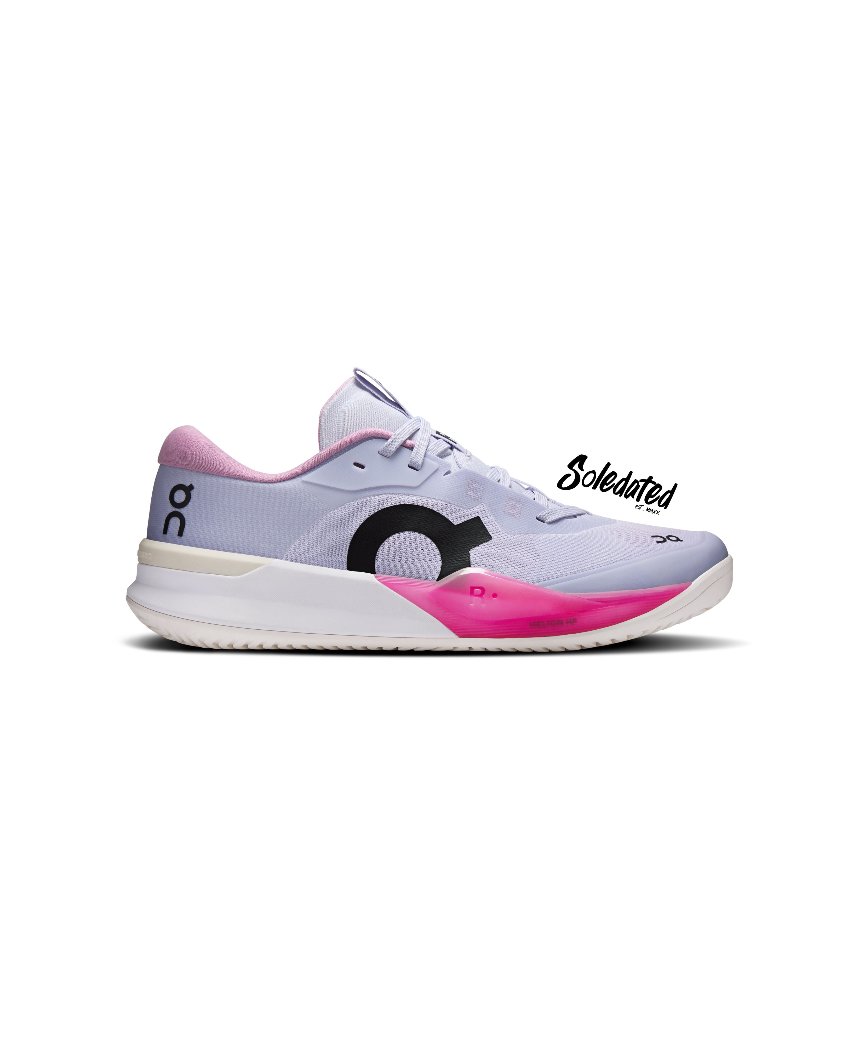 On THE ROGER Pro 3 Clay Thistle Pink tennis shoe lateral side view with Helion HF midsole