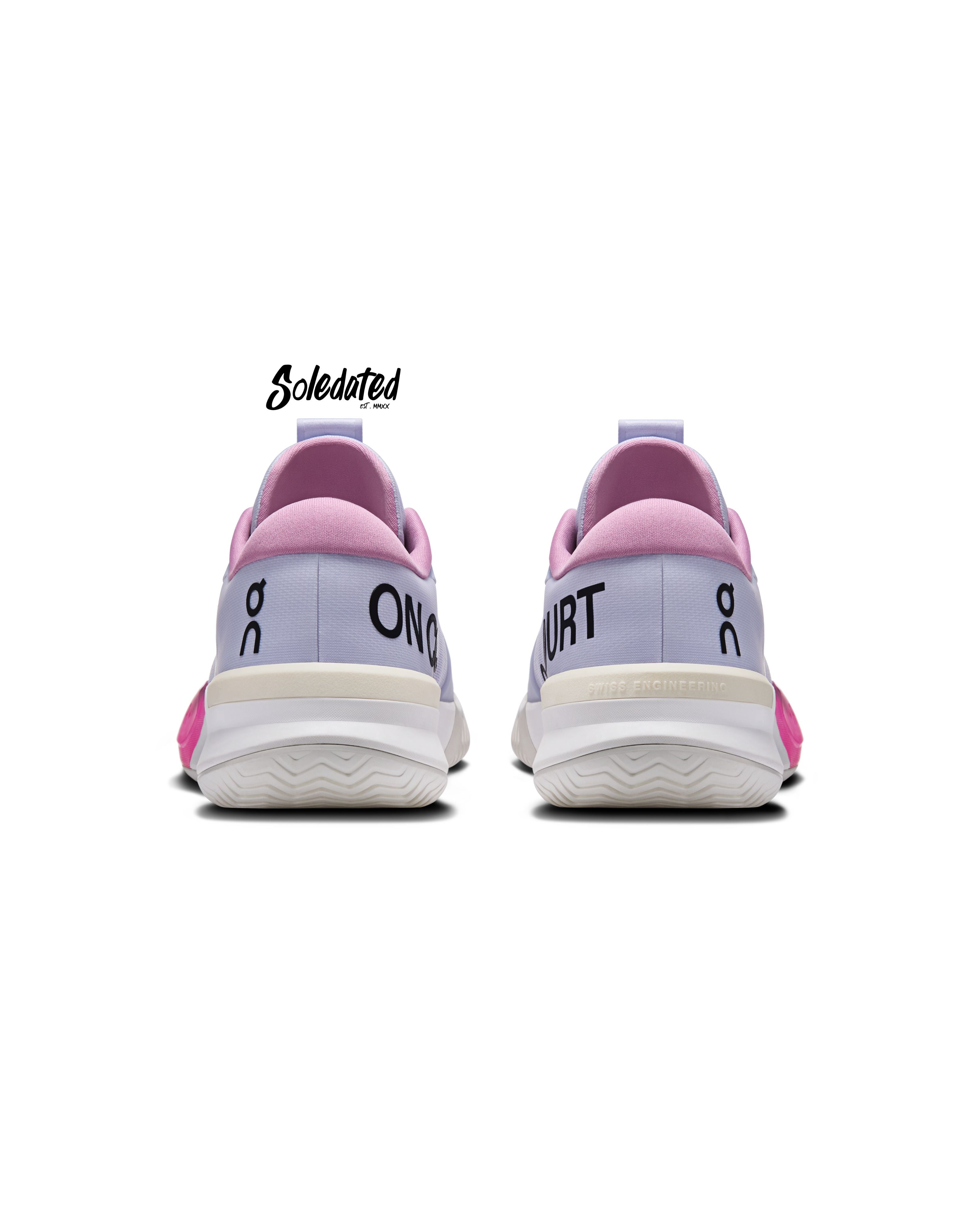 Rear view of On THE ROGER Pro 3 Clay Thistle Pink tennis shoes showing padded heel support