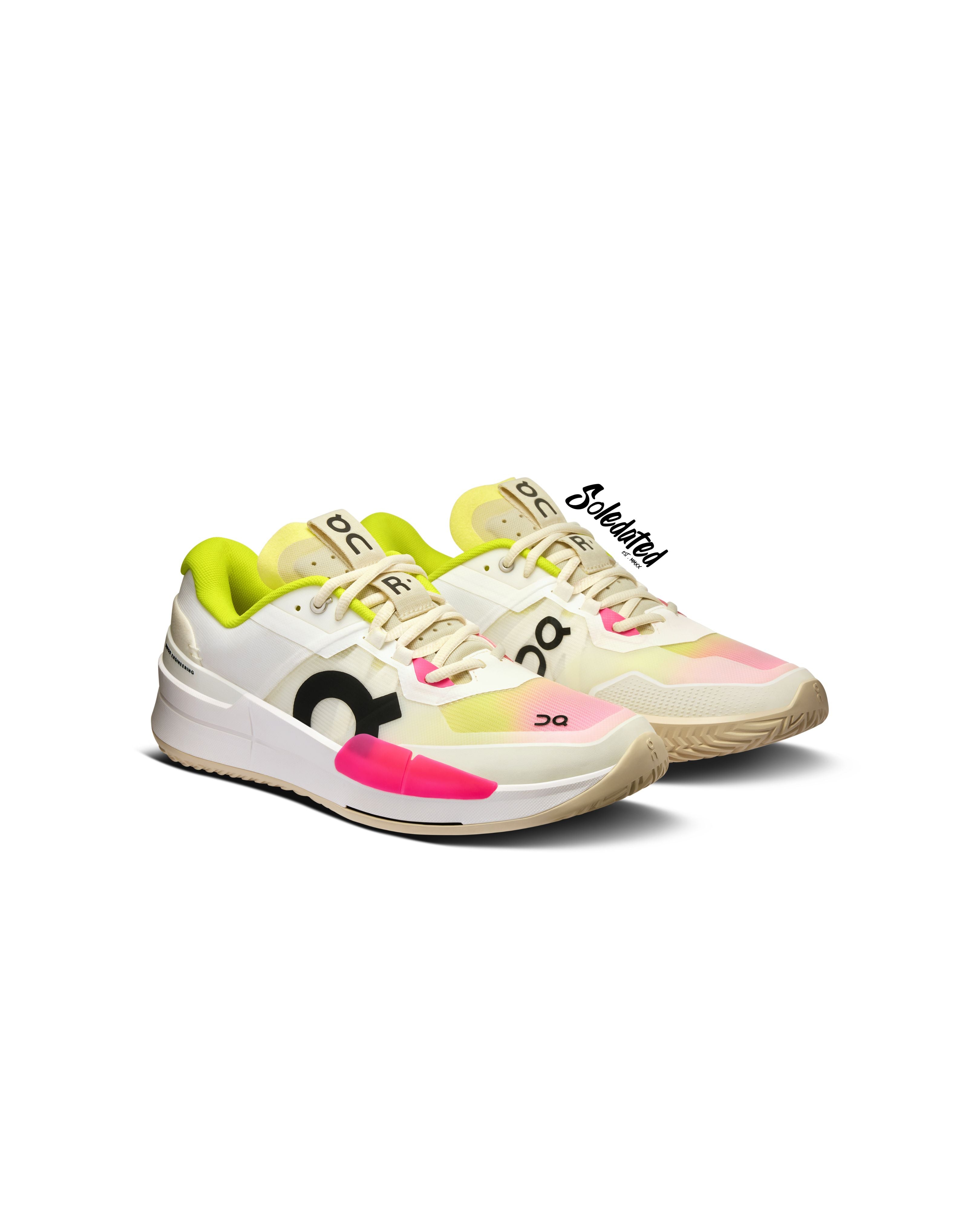 Three-quarter front view of On THE ROGER Pro 2 White Lime tennis shoes