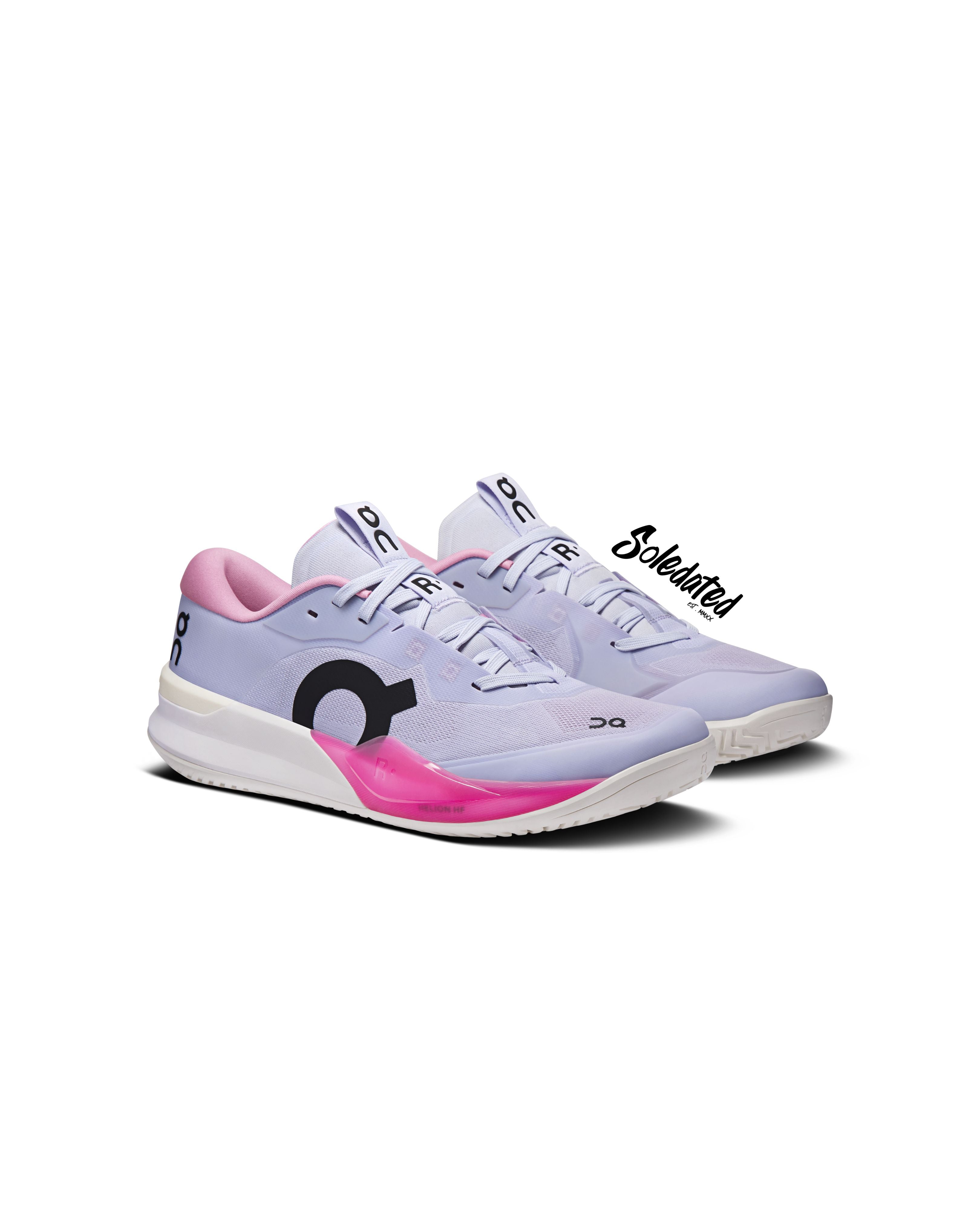 Three-quarter front view of On THE ROGER Pro 3 Clay Thistle Pink tennis shoes