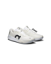Three-quarter front view of On THE ROGER Pro 3 White Pink hard-court tennis shoes