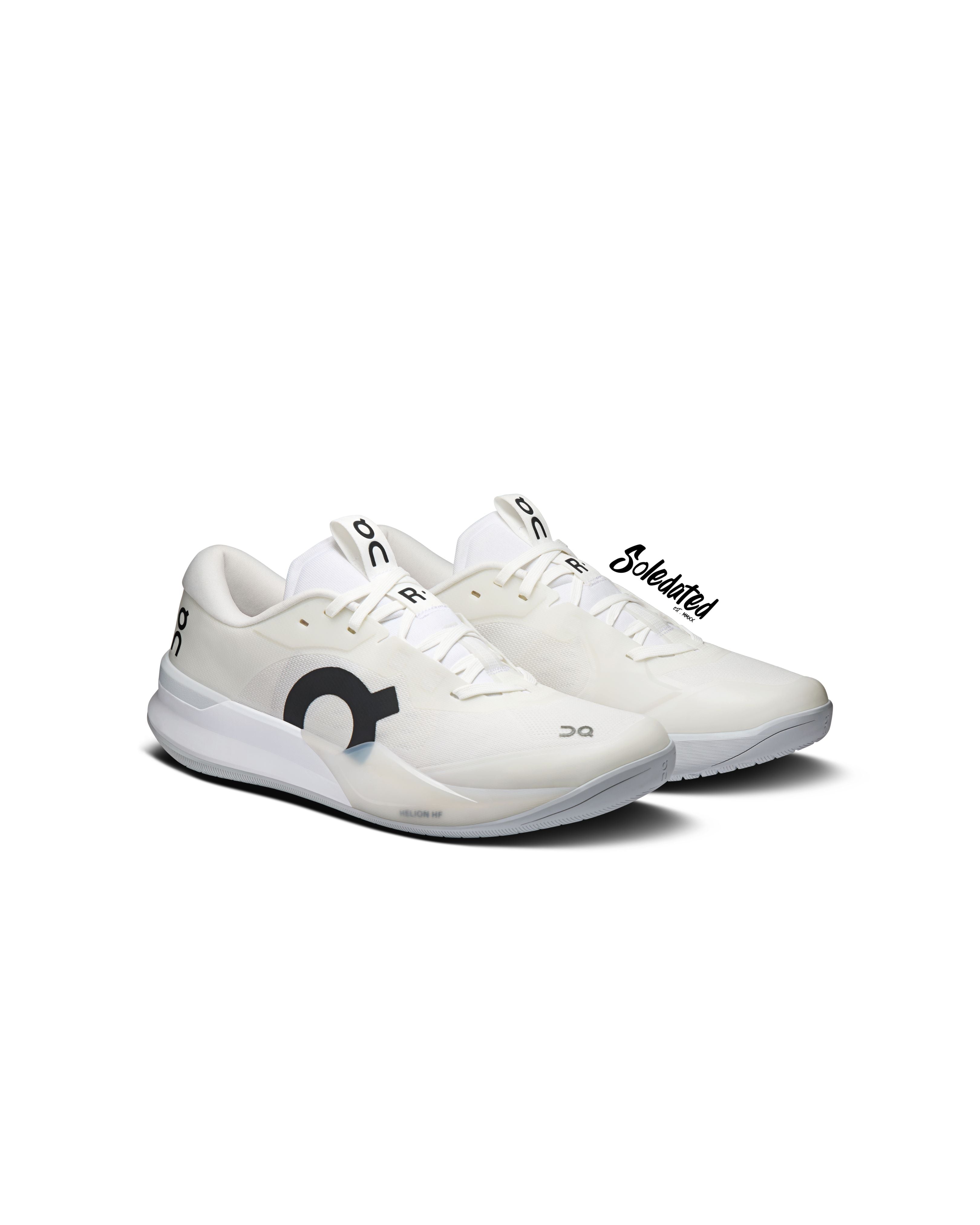 Three-quarter front view of On THE ROGER Pro 3 White Pink hard-court tennis shoes