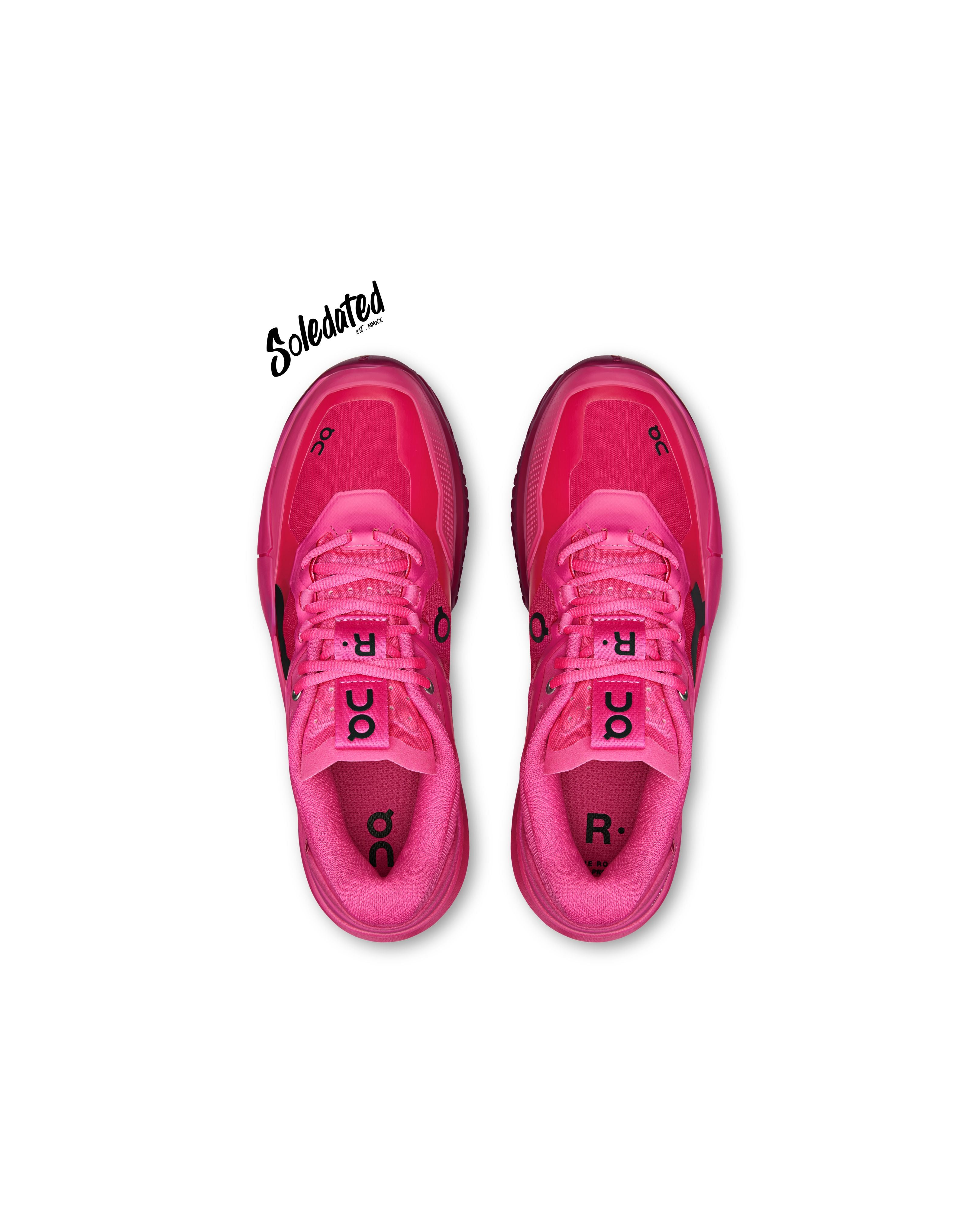 Top view of On THE ROGER Pro 2 Pink Grenadine showing mesh upper, tongue and lacing