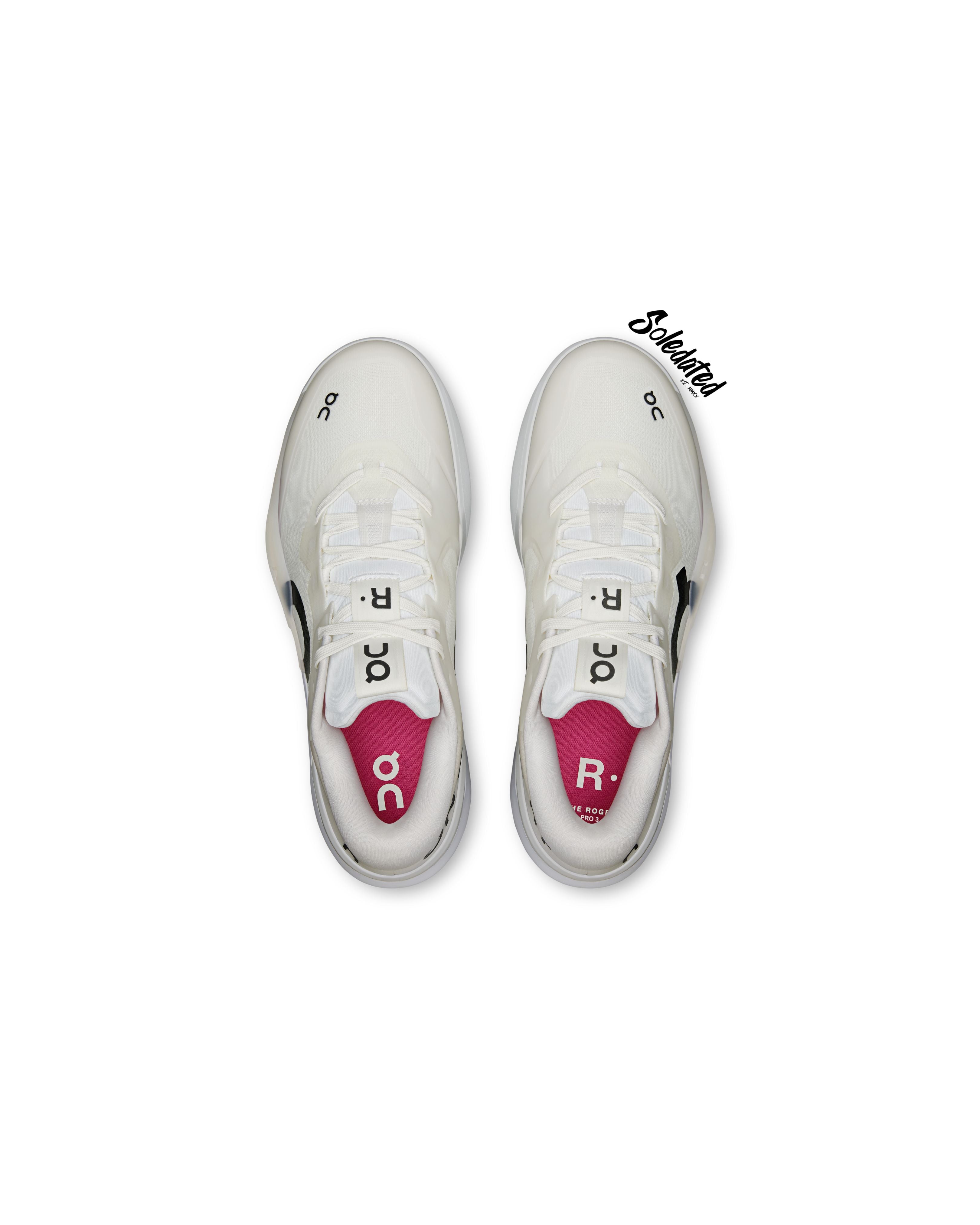 Top view of On THE ROGER Pro 3 White Pink tennis shoes showing mesh upper and pink insoles