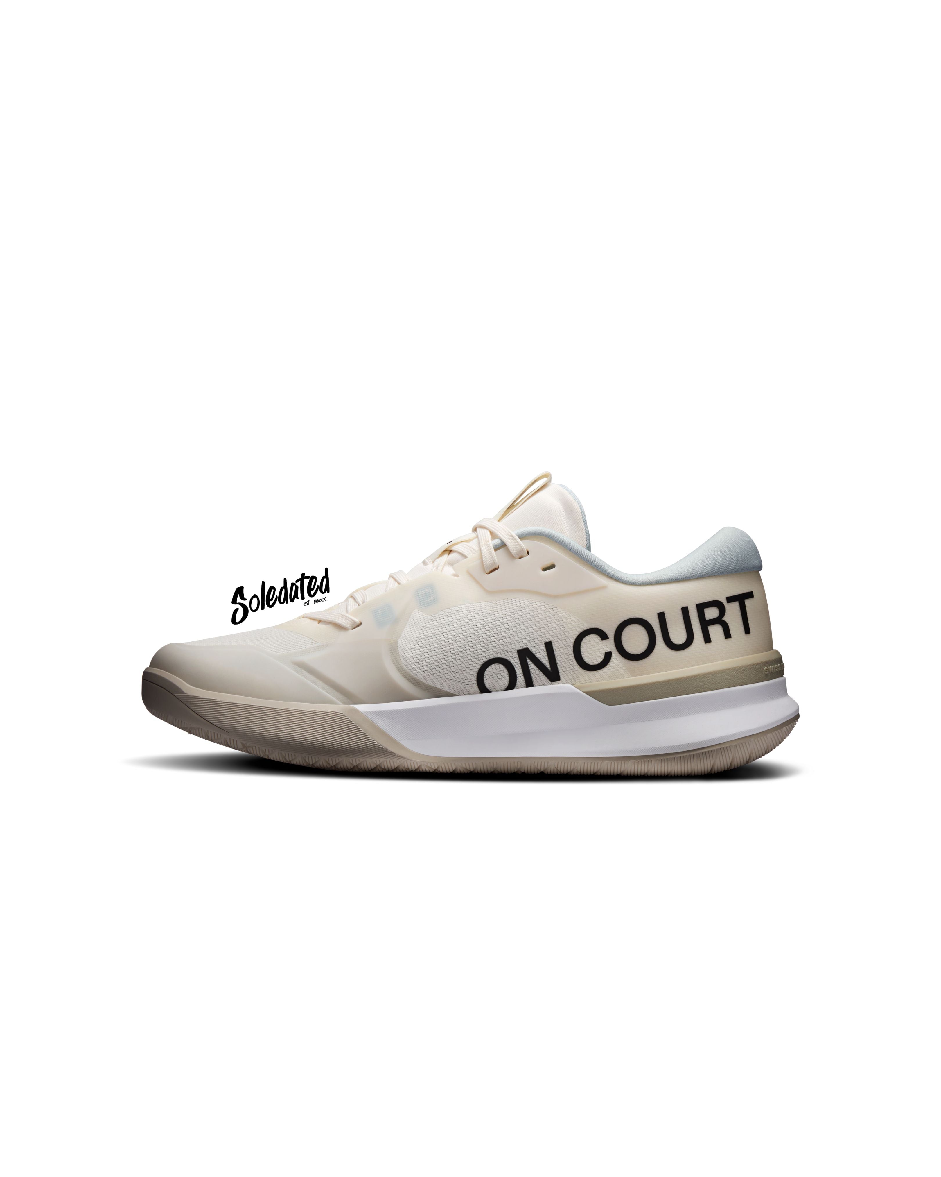 On THE ROGER Pro 3 Ivory Wash women’s tennis shoe medial side view with On Court branding