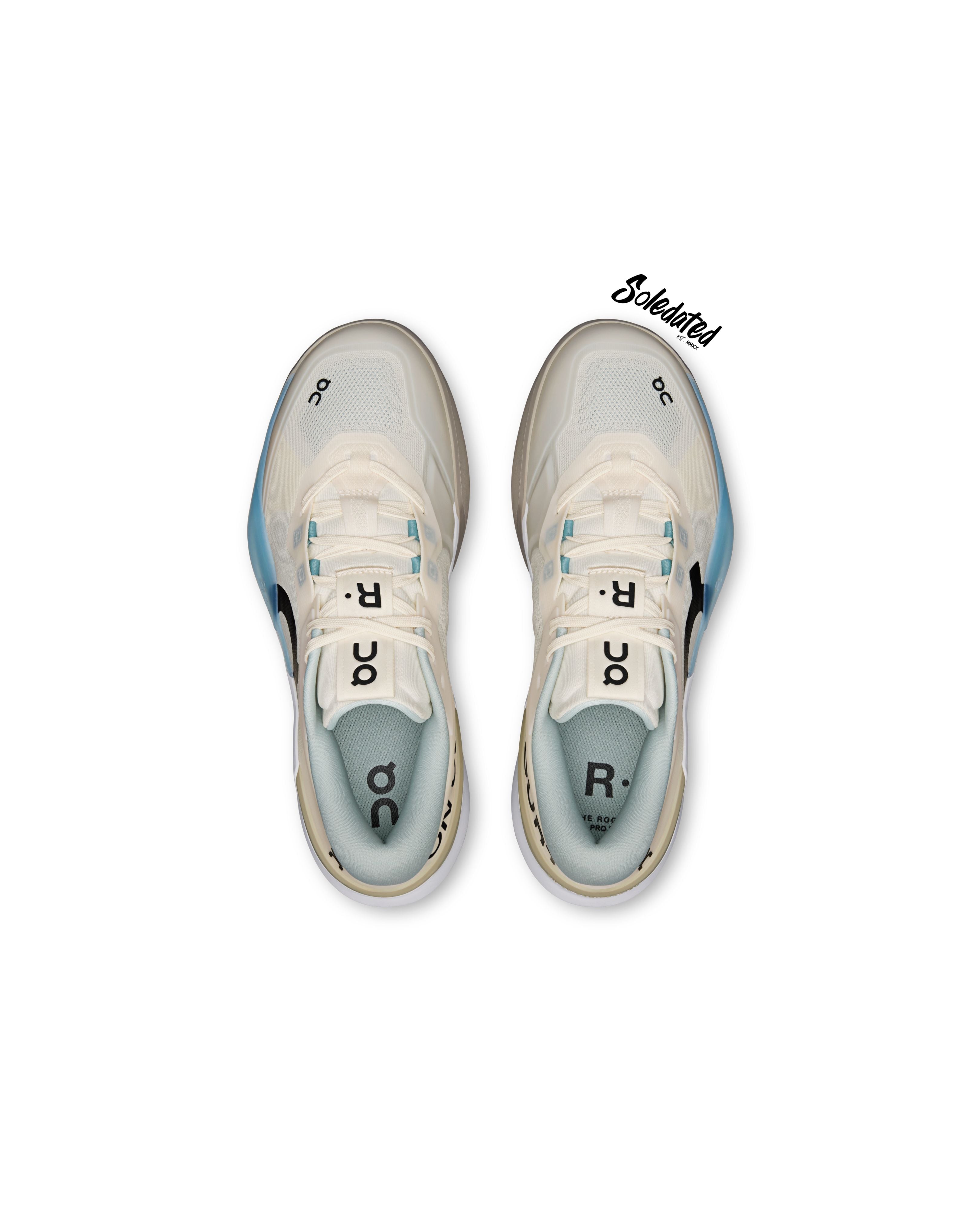 Top view of On THE ROGER Pro 3 Ivory Wash showing mesh upper, lace cage and insoles