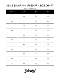 ASICS Solution Speed FF 4 women’s size chart with US Men, US Women, EU, and CM conversions