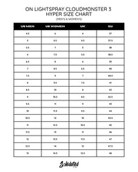 On Light Spray Cloudmonster 3 Hyper Size Chart