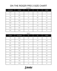 On THE ROGER Pro 2 White Lime men's and women's size chart with US, UK, EU and JP CM conversions