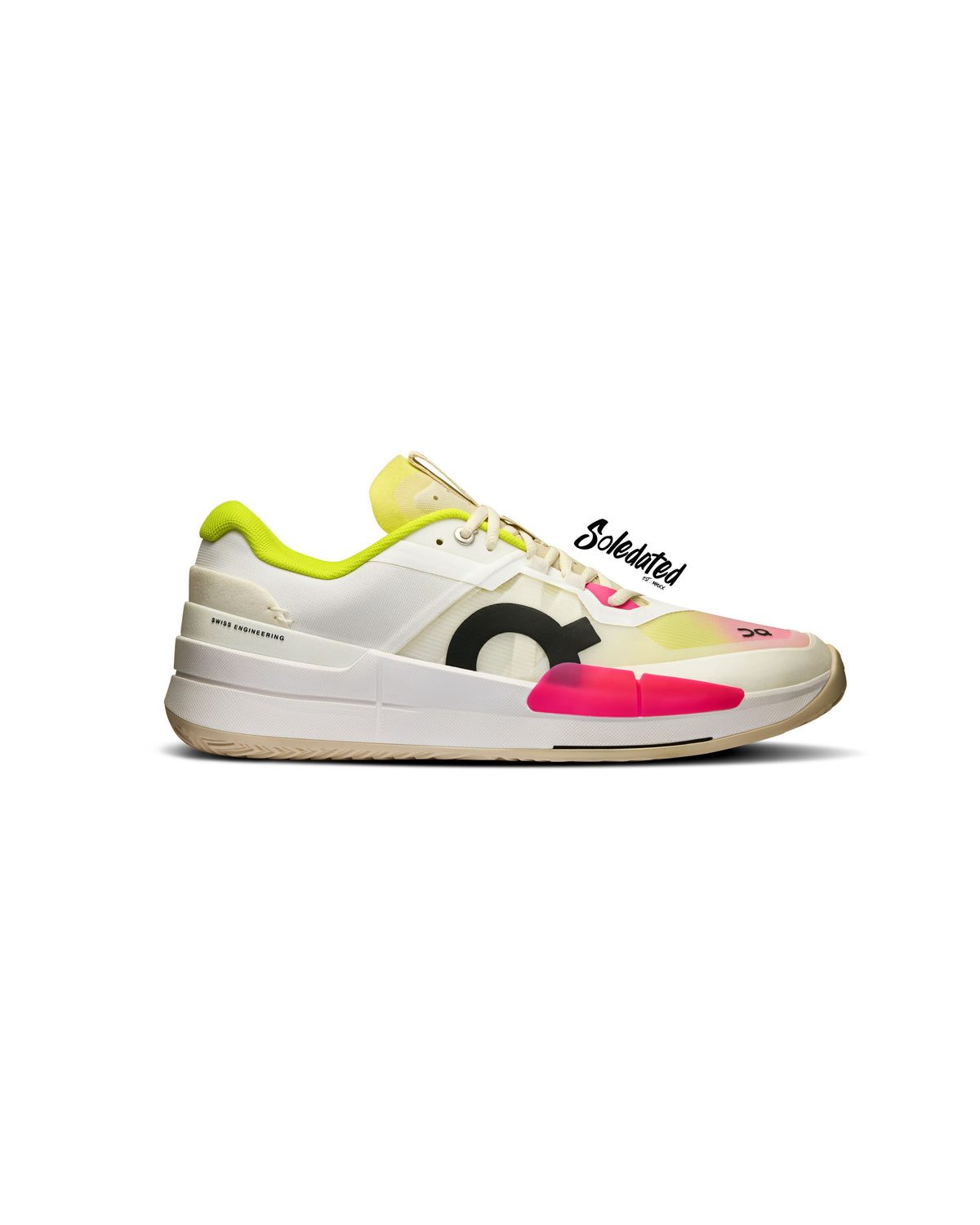 On THE ROGER Pro 2 White Lime tennis shoe lateral side view with pink and lime accents