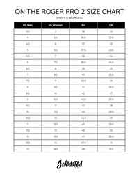 On THE ROGER Pro 2 size chart with US Men, US Women, EU, and CM conversions