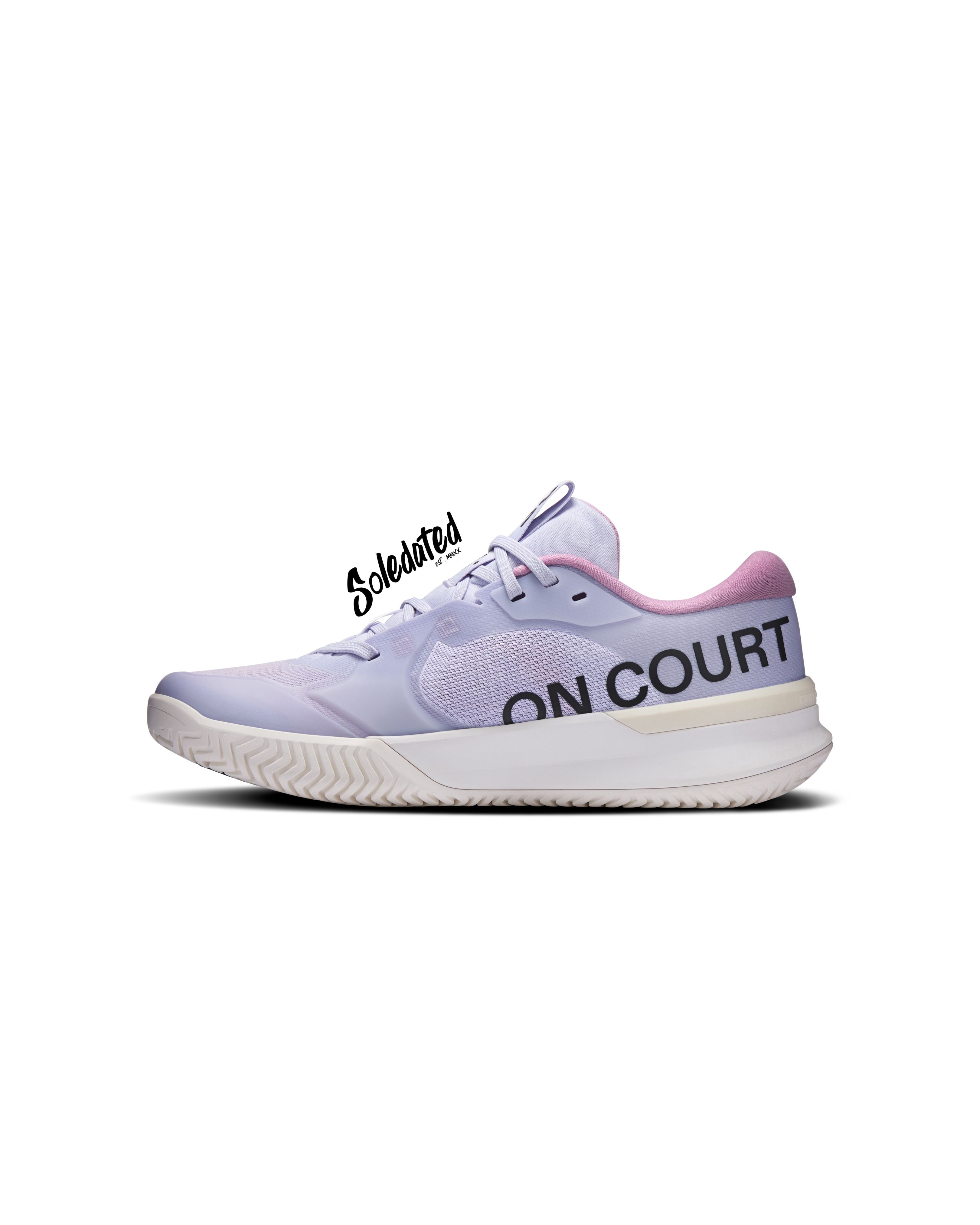 On THE ROGER Pro 3 Clay Thistle Pink tennis shoe medial side view with On Court heel branding