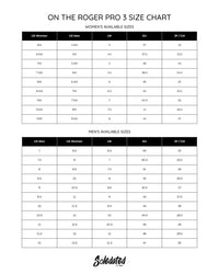 On THE ROGER Pro 3 Clay men's and women's size chart with US, UK, EU and JP CM conversions