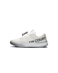 On THE ROGER Pro 3 White Pink tennis shoe medial side view with On Court heel branding