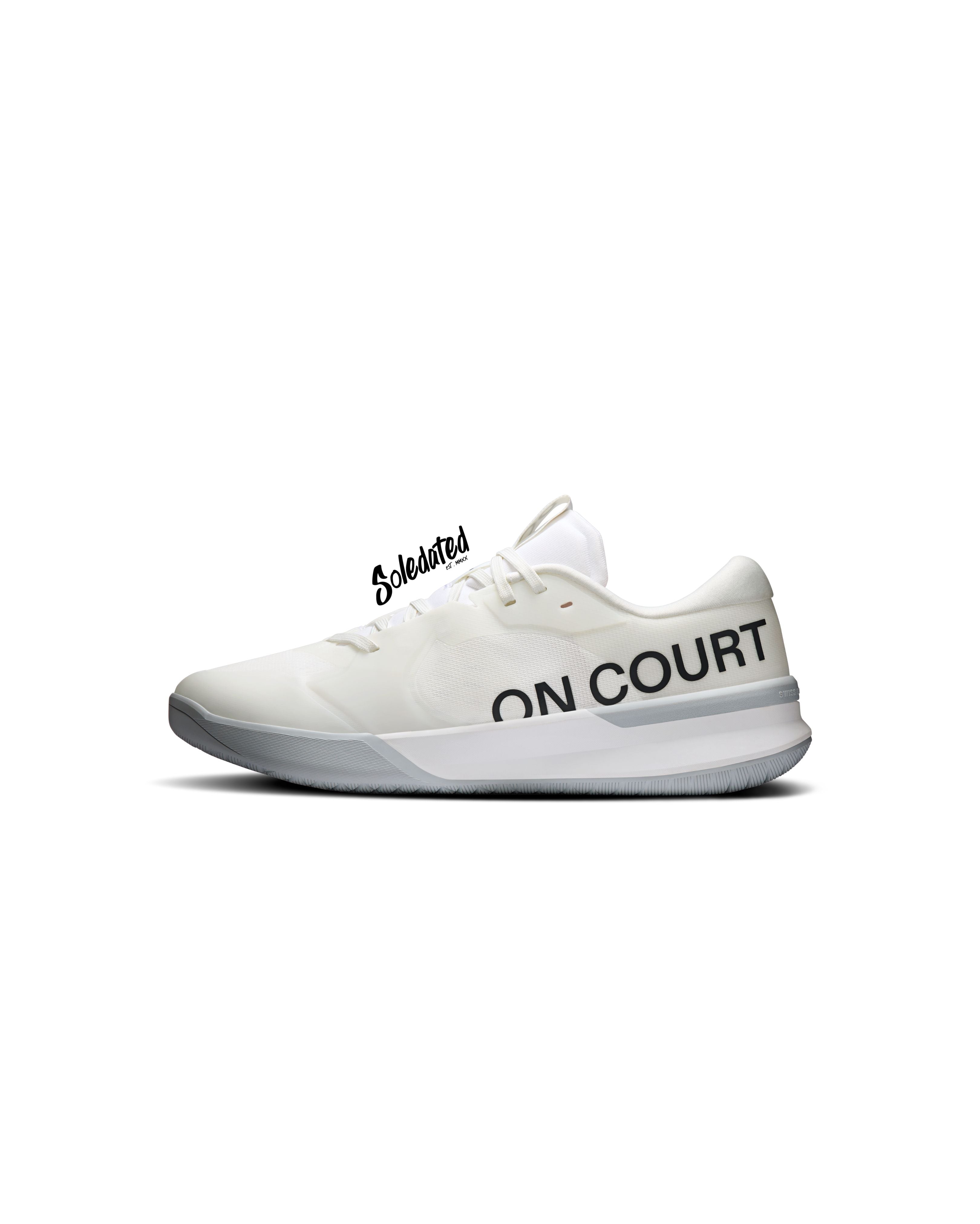 On THE ROGER Pro 3 White Pink tennis shoe medial side view with On Court heel branding