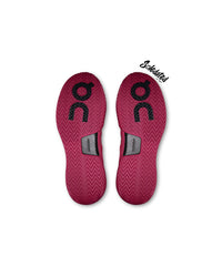 Outsole view of On THE ROGER Pro 2 Pink Grenadine showing open herringbone traction and Speedboard
