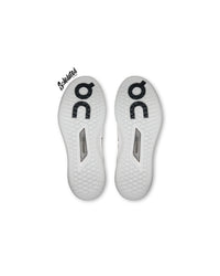Outsole view of On THE ROGER Pro 3 White Pink showing hard-court traction and Speedboard