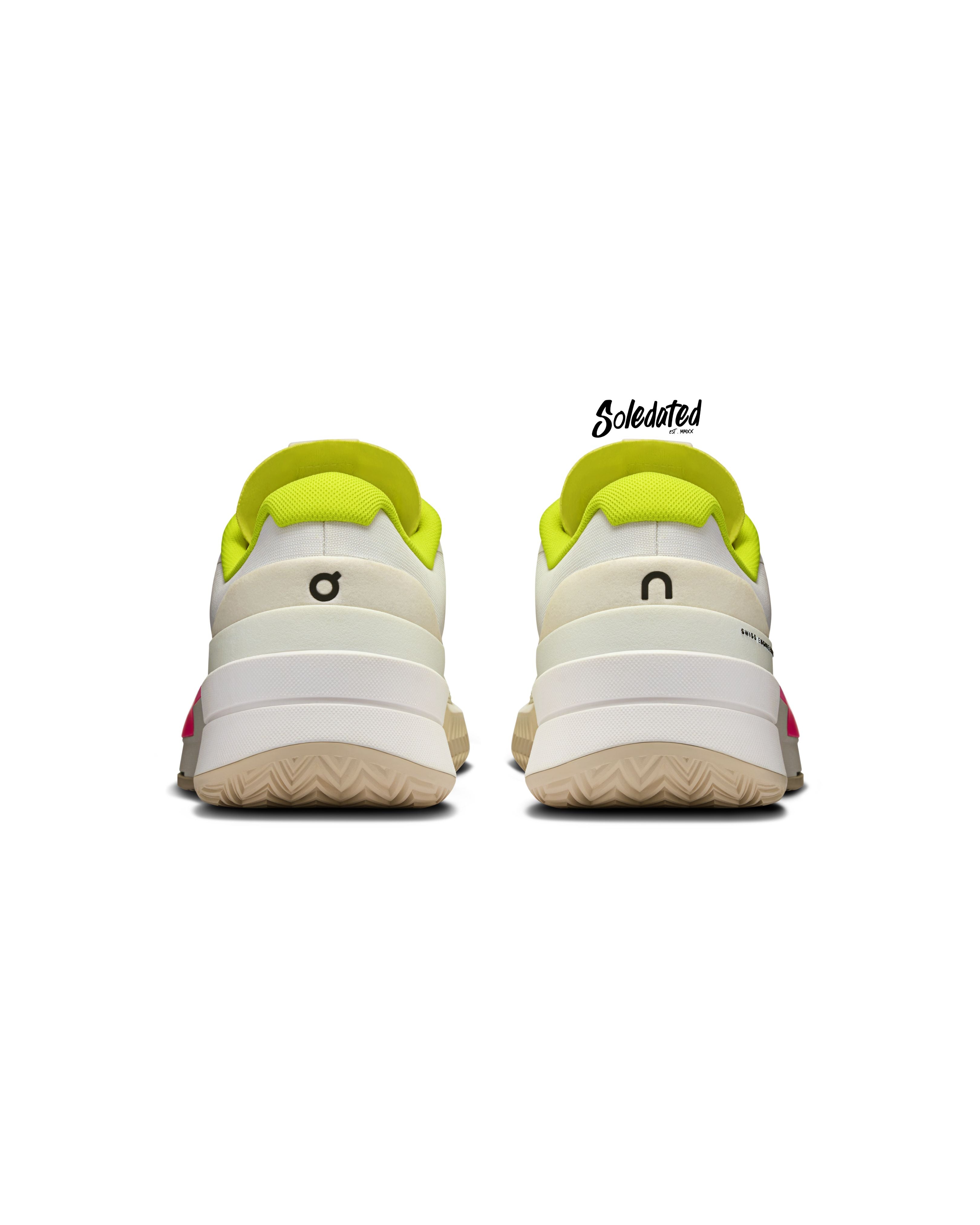 Rear view of On THE ROGER Pro 2 White Lime showing heel support and lime collar