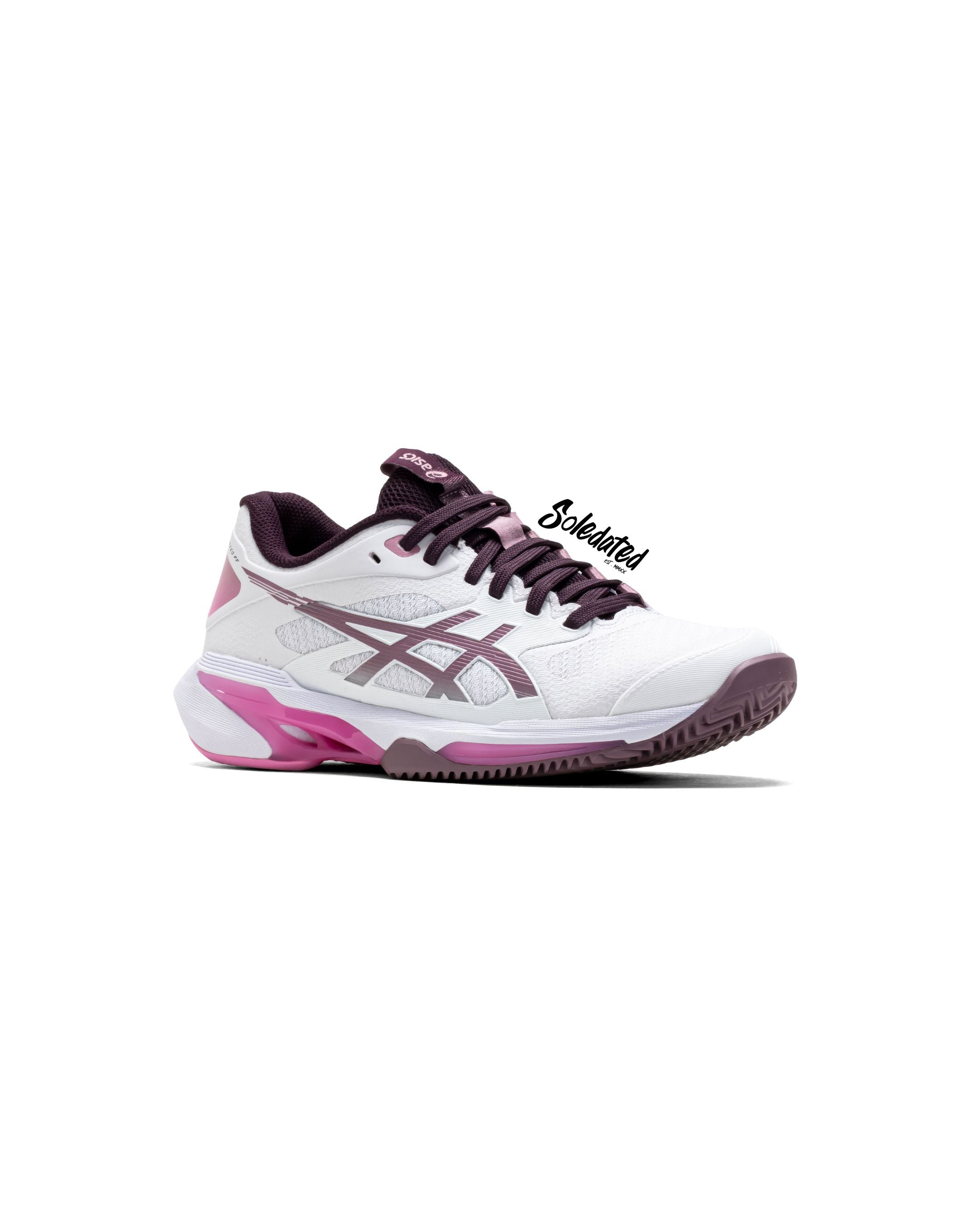 Three-quarter front view of ASICS Solution Speed FF 4 White Dusty Mauve women’s tennis shoe