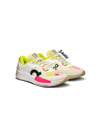 Three-quarter front view of On THE ROGER Pro 2 White Lime tennis shoes